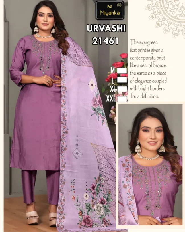 Urvashi miyanka kurti pent set in handwork (Lavender Purple)