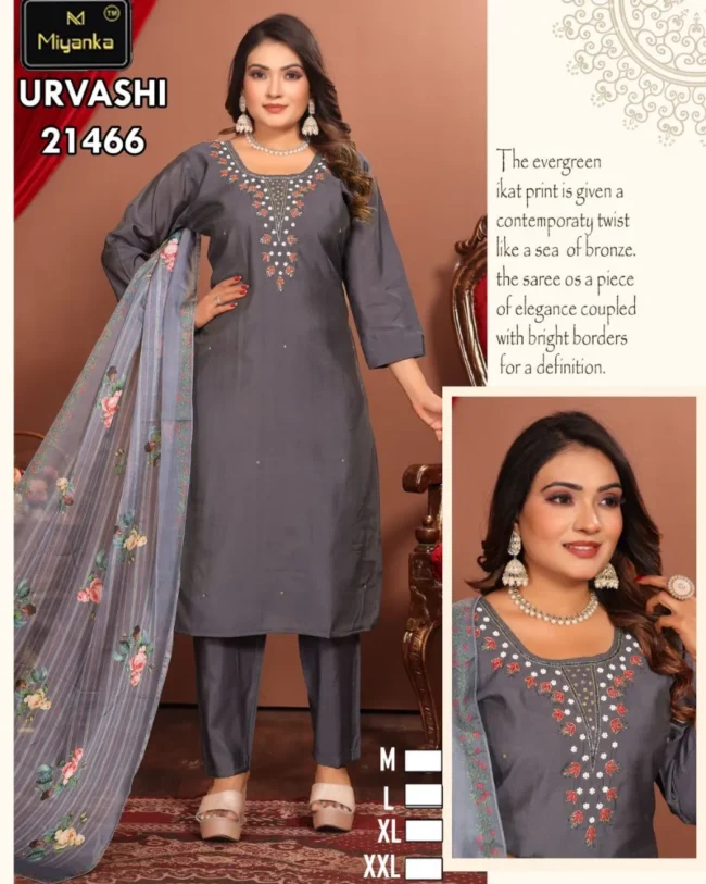 Urvashi miyanka kurti pent set in handwork (Charcoal Grey)