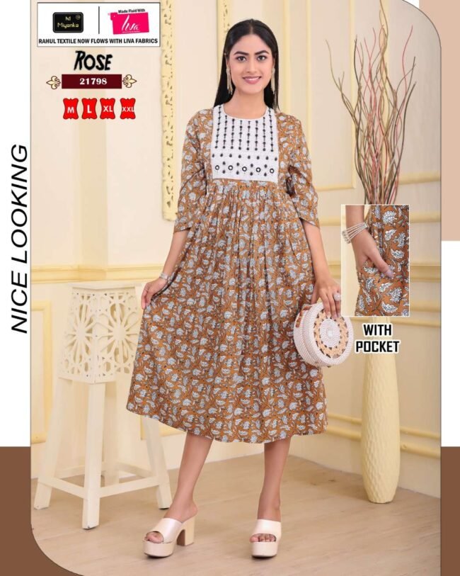Rose miyanka kurti (Brown with White print)