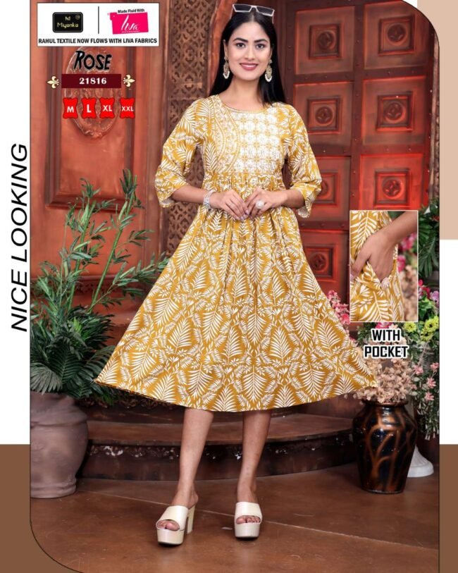Rose miyanka kurti (Mustard Yellow with White print)